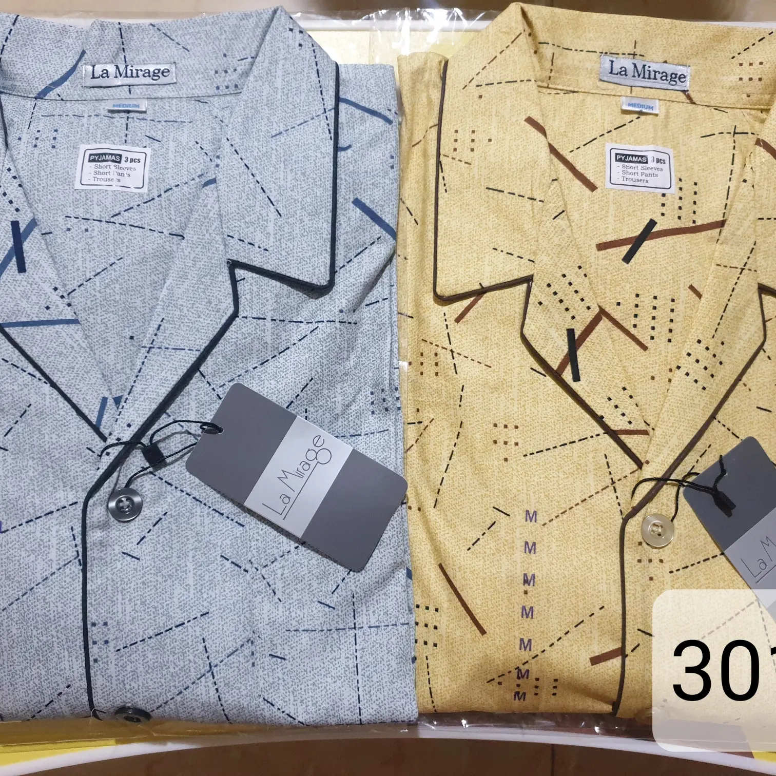 piyama lengan pendek pria katun la mirage biru krem garis titik