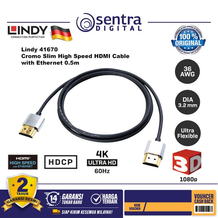 Gambar LINDY #41670 CROMO Slim High Speed HDMI Cable with Ethernet , 0.5m dari Sentra Digital Kota Surabaya Tokopedia