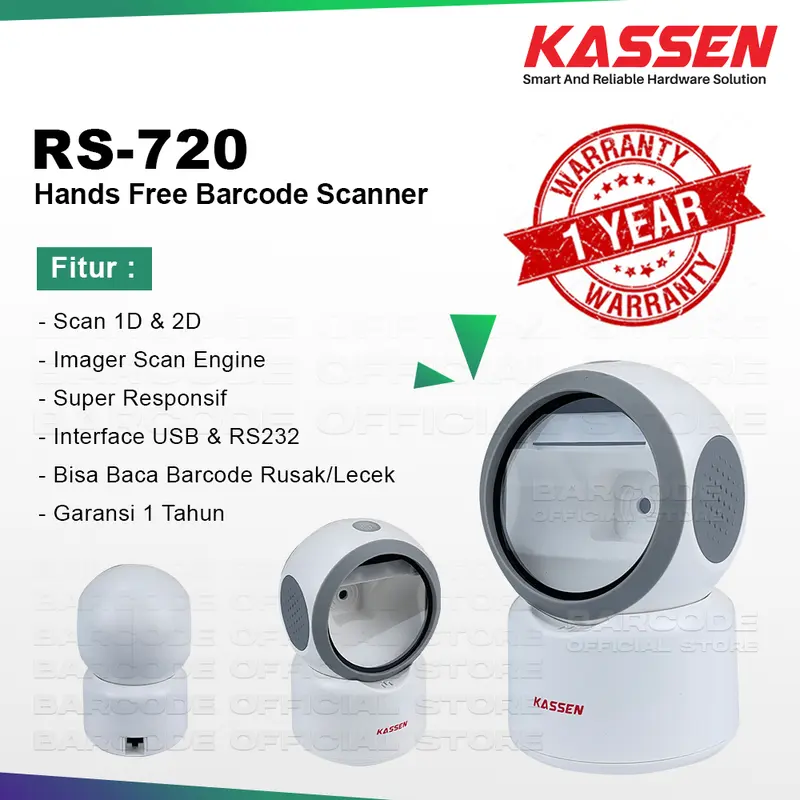Barcode Scanner Kassen RS-720 White Omni Directional USB & Serial 1