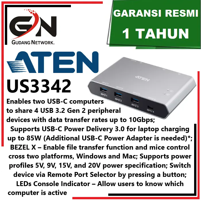 ATEN US3342 2-Port USB-C Gen 2 Sharing Switch with Power Pass-through