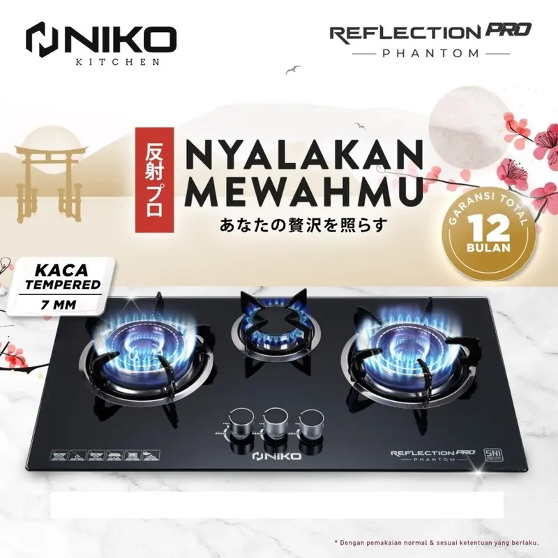 Niko Kompor Gas Tanam 3 Tungku Kaca - Reflection Pro Phantom Black 1