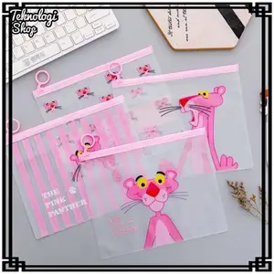 Zipper Bag Pouch A5 Transparan Cute Edisi PINK PANTER