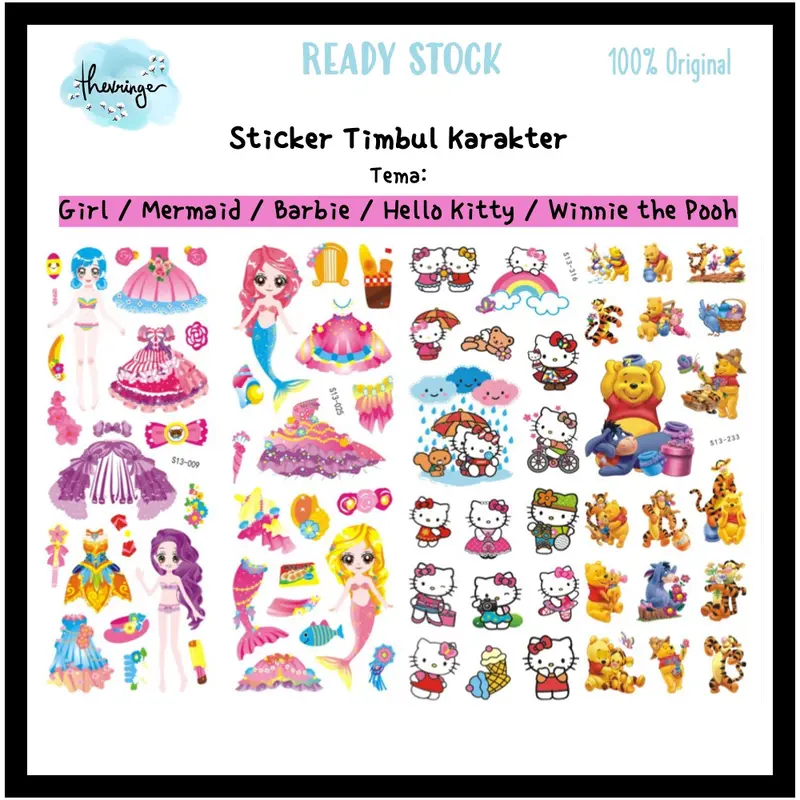 STICKER TIMBUL KARAKTER Stiker Anak Perempuan Hello Kitty Girl Mermaid 0