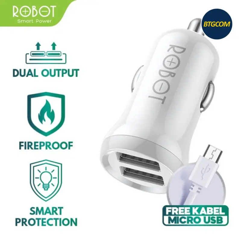 ROBOT RT-C07 BLACK 2.4A DUAL PORT USB FIREPROOF CAR CHARGER MOBIL