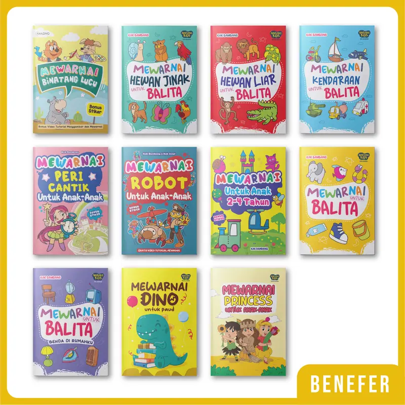 Buku Mewarnai Binatang, Kendaraan, Benda, Robot, Dino, Peri, Balita 0