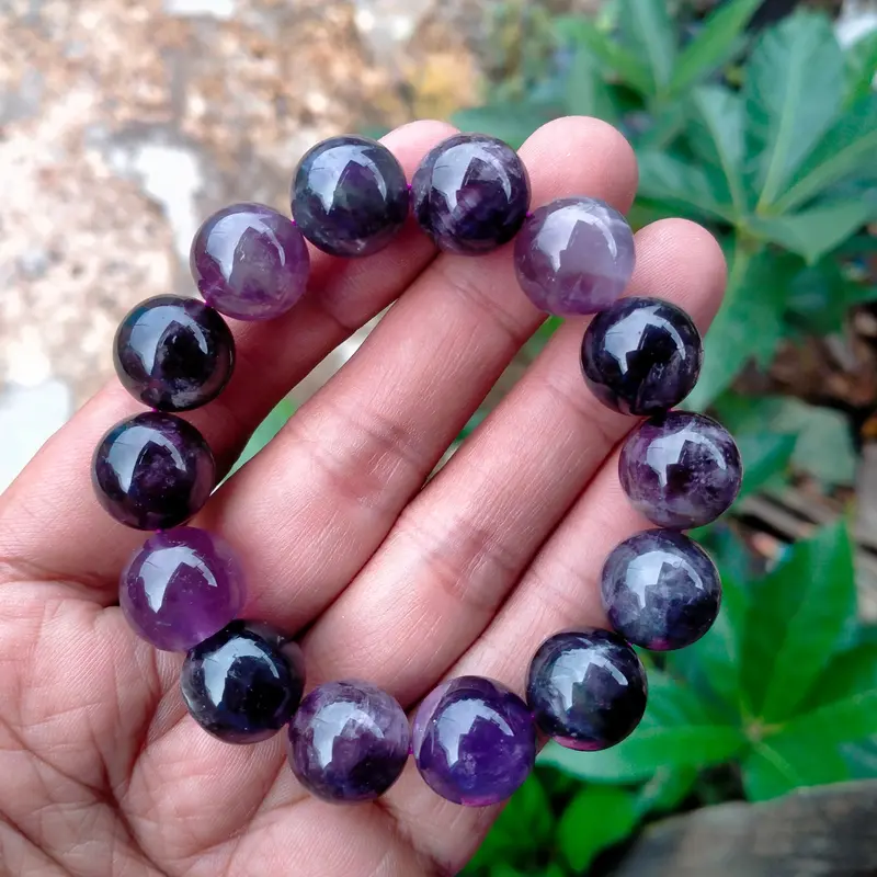 gelang batu kecubung ungu Natural amethys Quartz dim 14 mm tali karet 1