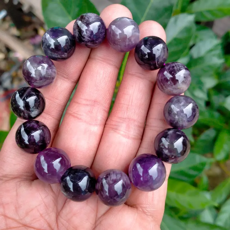 gelang batu kecubung ungu Natural amethys Quartz dim 14 mm tali karet 2