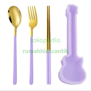 sendok garpu set ungu motif gitar ungu gold emas 200722