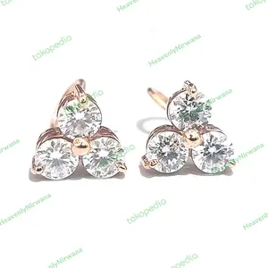 Anting Toge- Premium Moissanite Three Stone.Emas 750 17K-18K Asli