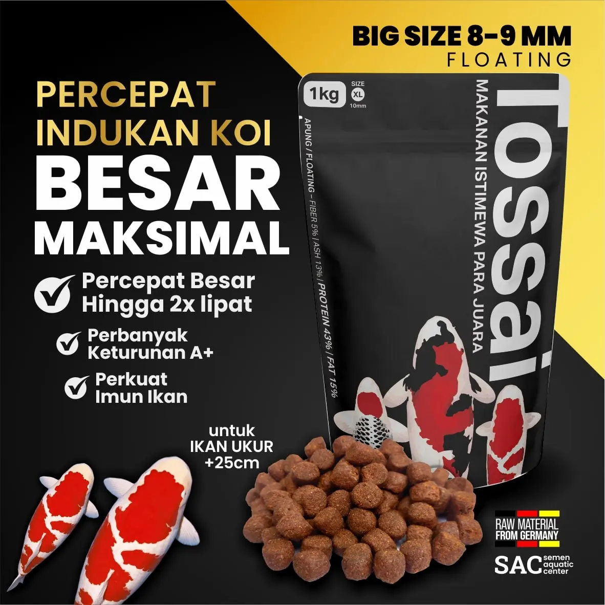Tossai Pelet Pakan Induk Ikan Koi 10mm - 14mm Premium Grow Pembesaran
