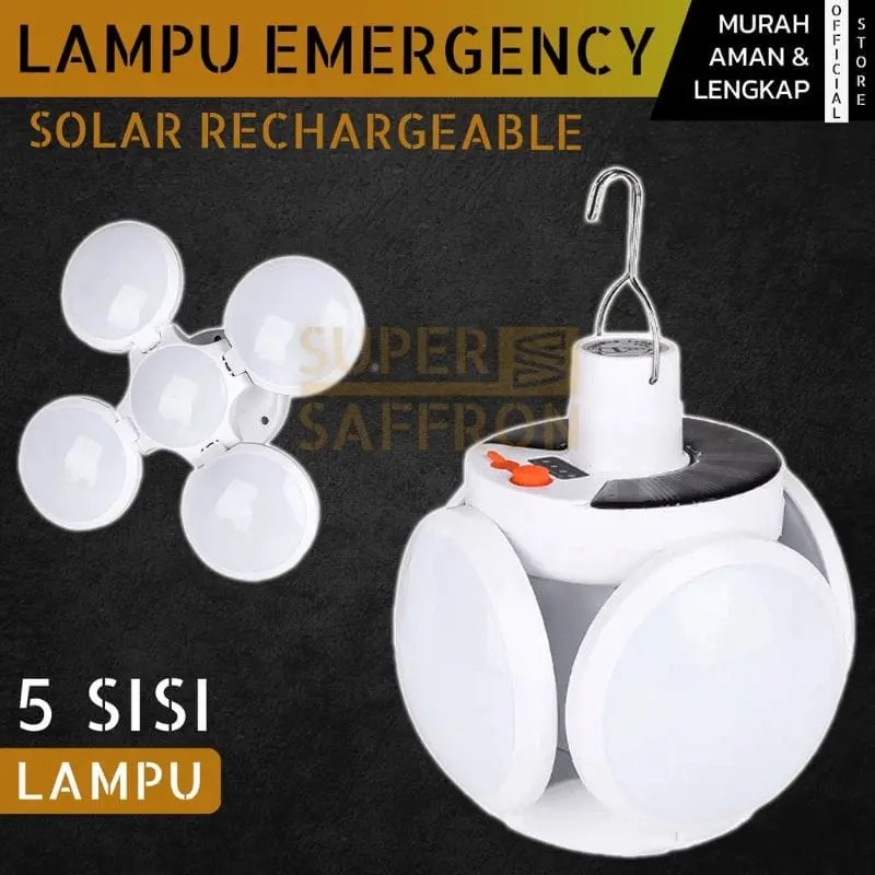 Lampu Solar Emergency LED Lipat 5 sisi Gantung Rechargeable / Lampu White