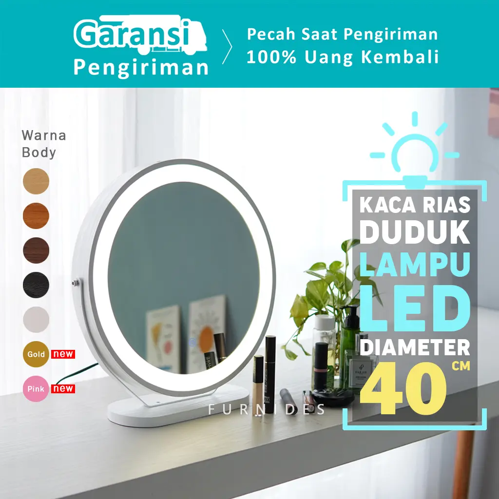 Cermin Rias Bulat | Make Up Duduk Lampu LED Diemeter 40 cm