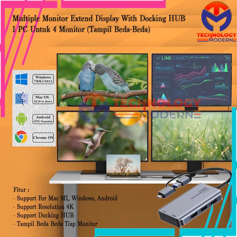 HDMI Extend 4 Monitor Display (Tampil Beda- Beda) With Docking USB HUB