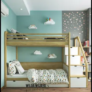 tempat tidur anak tingkat dan laci.