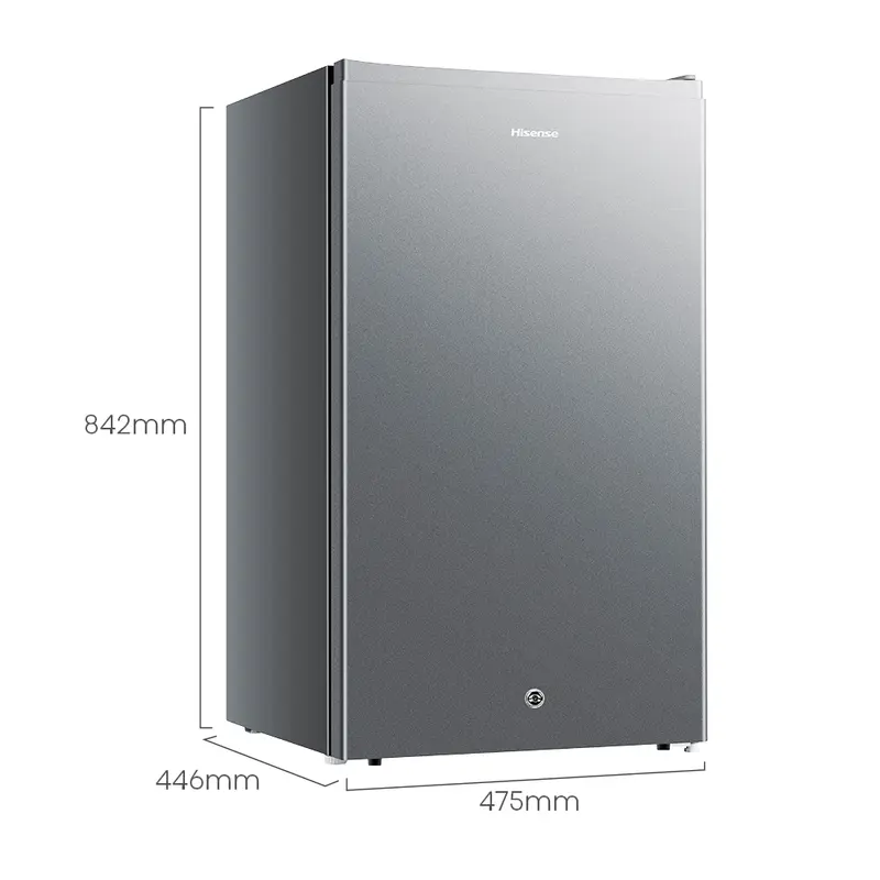 HISENSE-RR120D4IGN-Kulkas Kapasitas 91L-1 Pintu-Ramah Lingkungan-Ruang Pendinginan-Kaki Depan Dapat Disesuaikan-Compact Size-Seperate Chiller-2Liter Rak Muat Botol Ukuran 1