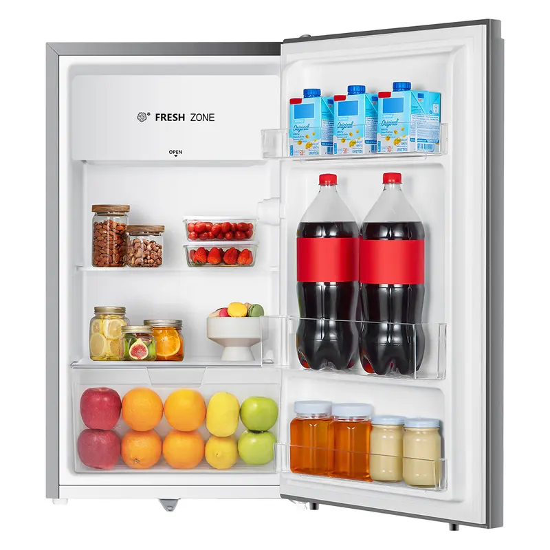 HISENSE-RR120D4IGN-Kulkas Kapasitas 91L-1 Pintu-Ramah Lingkungan-Ruang Pendinginan-Kaki Depan Dapat Disesuaikan-Compact Size-Seperate Chiller-2Liter Rak Muat Botol Ukuran 5