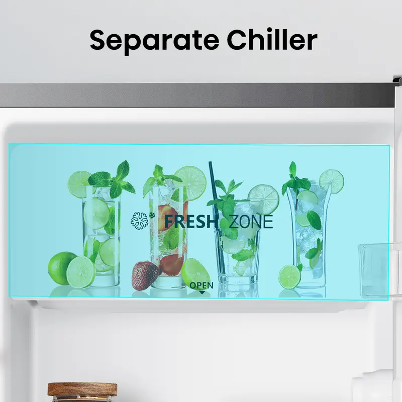 HISENSE-RR120D4IGN-Kulkas Kapasitas 91L-1 Pintu-Ramah Lingkungan-Ruang Pendinginan-Kaki Depan Dapat Disesuaikan-Compact Size-Seperate Chiller-2Liter Rak Muat Botol Ukuran 4