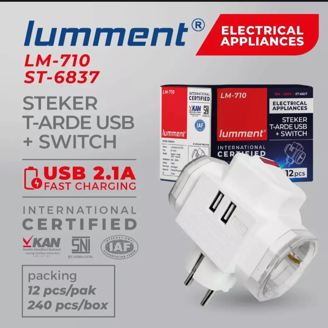 Steker T arde + saklar + USB fast charging LUMMENT ST-6837 SNI