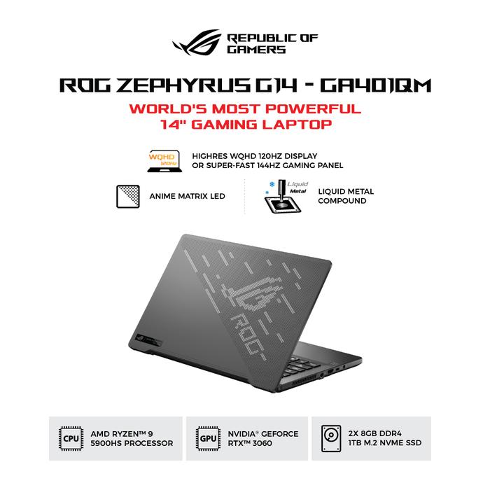 Gambar ASUS ROG Zephyrus G14 GA401QM-R936A6G-O/R9-5900HS/16GB/1TB/RTX 3060 dari Techno Computer Bali Kota Denpasar Tokopedia