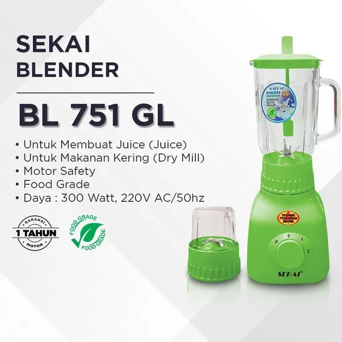 Gambar SEKAI Blender Kaca 2in1 BL751GL Pelumat 1 Liter BL 751 GL - Hijau dari amac electronic store Kota Tangerang 2 Tokopedia