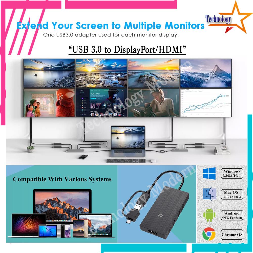 Multi Monitor Extend 8 Display (Tampil Berbeda) USB 3.0 to HDMI 4K