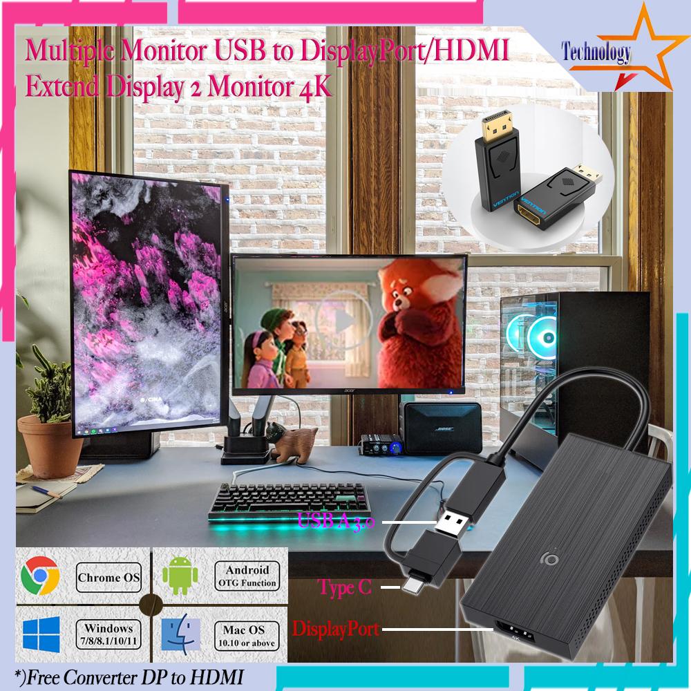 Multiple Monitor USB 3.0 to DP/HDMI Splitter 1x2 Extend Display 4K