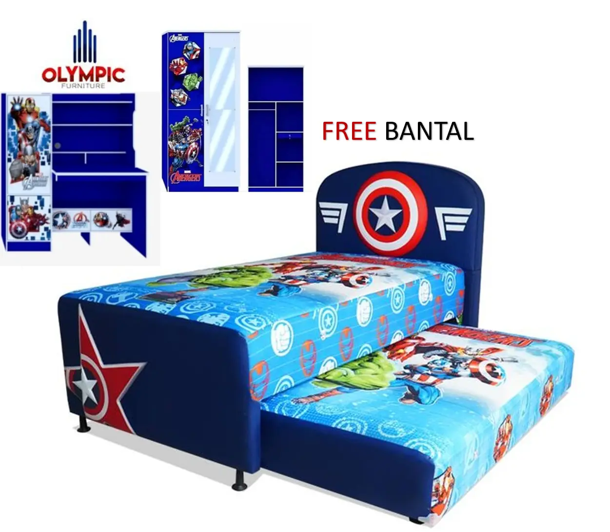 1set springbed 2in1 captain amerika/springbed/meja belajar/lemari anak