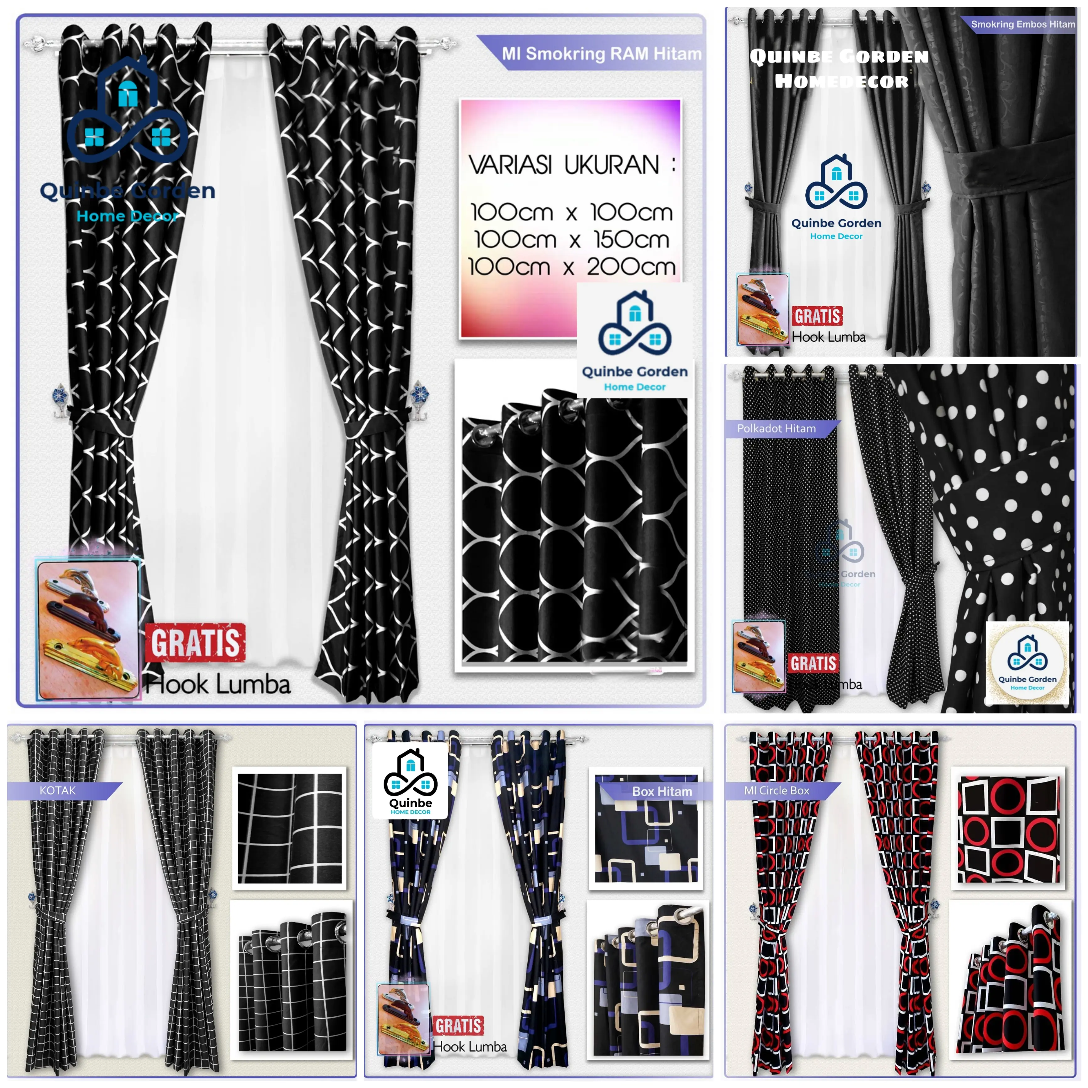 Gorden katun hitam motif kotak garis || gorden katun minimalis hitam