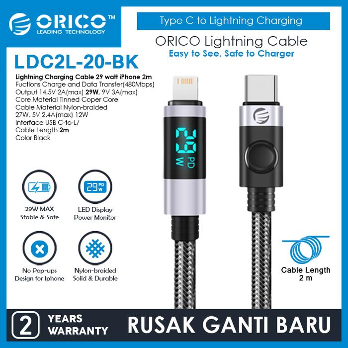 Gambar ORICO Type C to Lightning Charging Cable 29 watt iPhone 2m - LDC2L-20 dari ORICO INDONESIA Official Shop Kota Administrasi Jakarta Utara Tokopedia