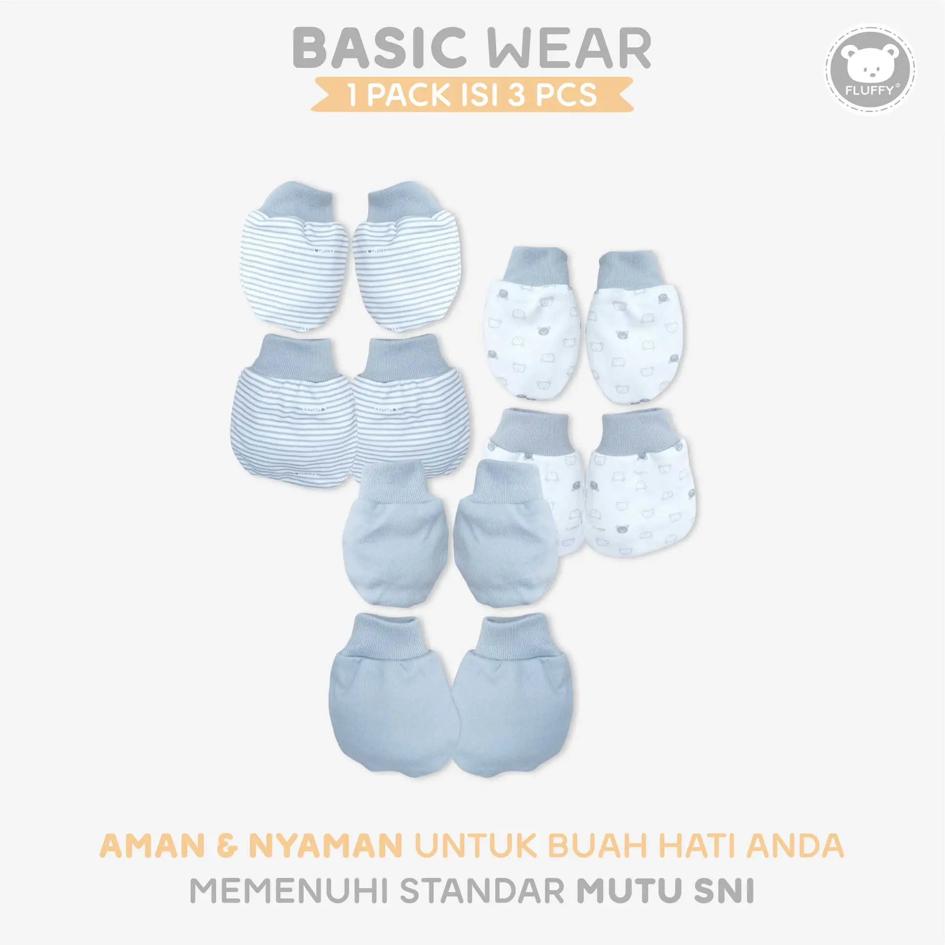 FLUFFY Sarung Tangan dan Kaki Rib (Isi 3Pasang) STKR ABU Newborn