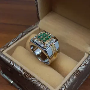 Cincin Berlian Batu Zamrud Pria Silver