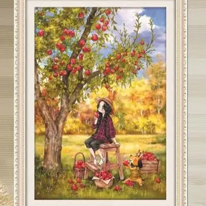 Paket kristik gadis pohon buah apel pola kain cross stitch lanskap 11ct