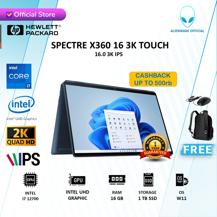 Gambar HP SPECTRE X360 16 3K TOUCH I7 12700 16GB 1TBSSD W11 16.0 IPS BLU dari AI Official Store Kota Administrasi Jakarta Utara Tokopedia