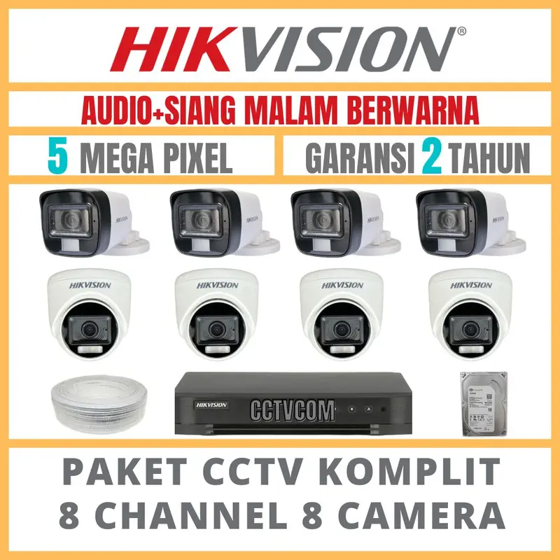 PAKET CCTV HIKVISION COLORVU 5MP 8 CHANNEL 8 CAMERA TURBO HD COLORFULL 0