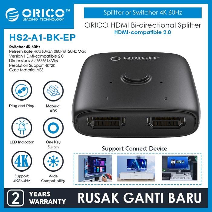 Gambar ORICO HS2-A1 HDMI Bi-directional Splitter or Switcher 4K 60Hz dari hans computer Kota Administrasi Jakarta Pusat Tokopedia