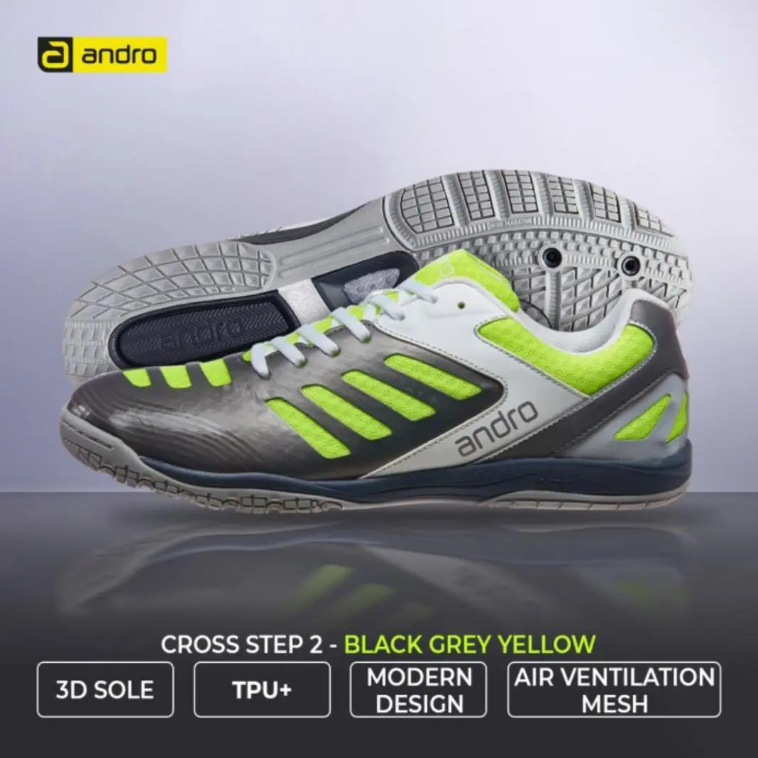 SEPATU TENIS MEJA ANDRO CROSS STEP 2 BLACK GREY YELLOW ORIGINAL