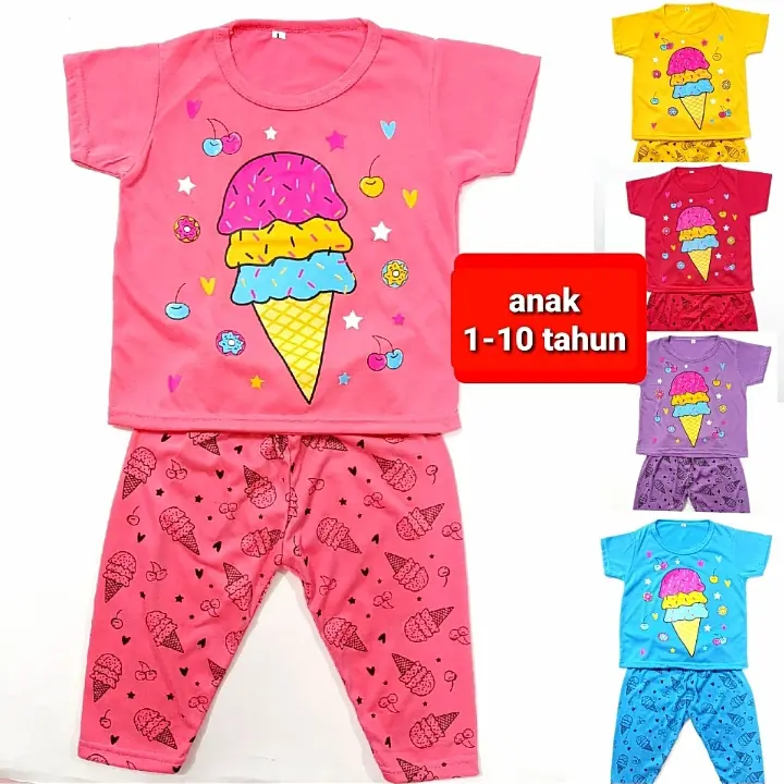 setelan kaos anak perempuan celana panjang CP cewek baju tidur es krim