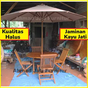 Set Meja Payung Taman Cafe Kafe Outdoor 4 Kursi Lipat Jati Kain SR