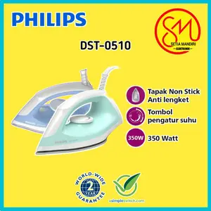 PHILIPS DST-0510 Setrika Kering Tapak Non-stick Biru Hijau Anti Lengket 350W dengan Kabel 1.6m dan Kontrol Suhu Mudah