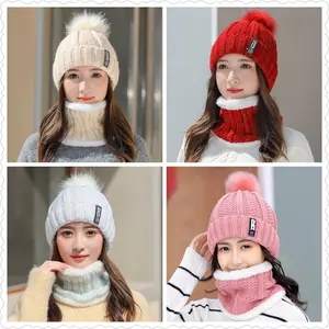 Topi Kupluk Syal Rajut Beanie Set Pompom Winter Korea Import Wanita
