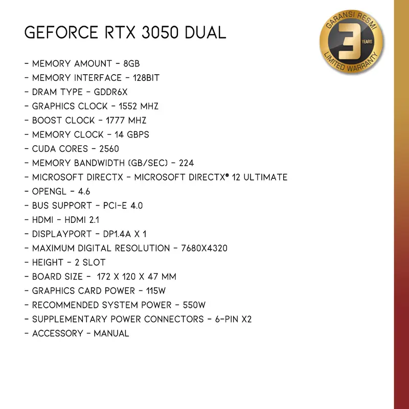 PALIT GeForce RTX 3050 Dual | VGA GeForce RTX 3050 8GB GDDR6 5