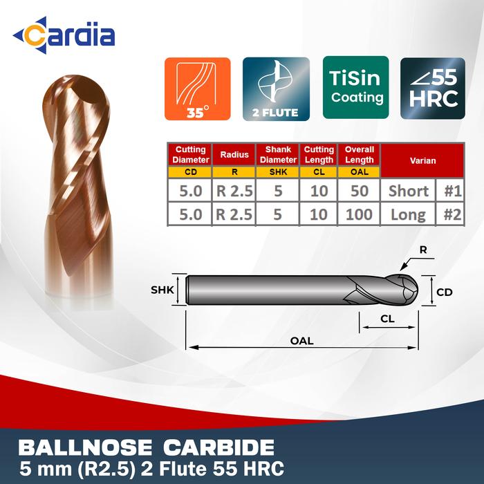 Gambar Ballnose 5 mm R2.5 x Long 50 | 100 2F Ball Nose Carbide 55 HRC CARDIA dari Cardia Tools Kab. Bekasi Tokopedia