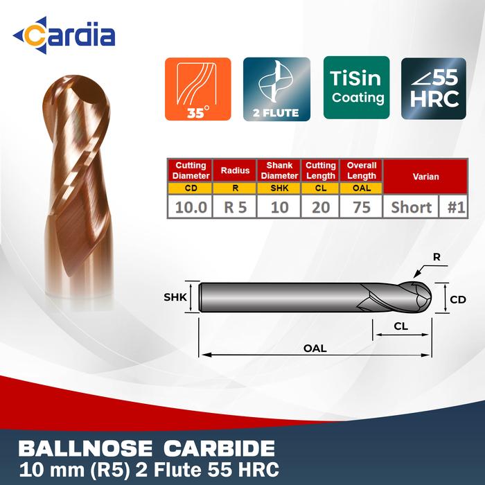 Gambar CARDIA Ballnose 10 mm R5 x 75 2 Flute 55 HRC Ball Nose Mill Carbide dari Cardia Tools Kab. Bekasi Tokopedia