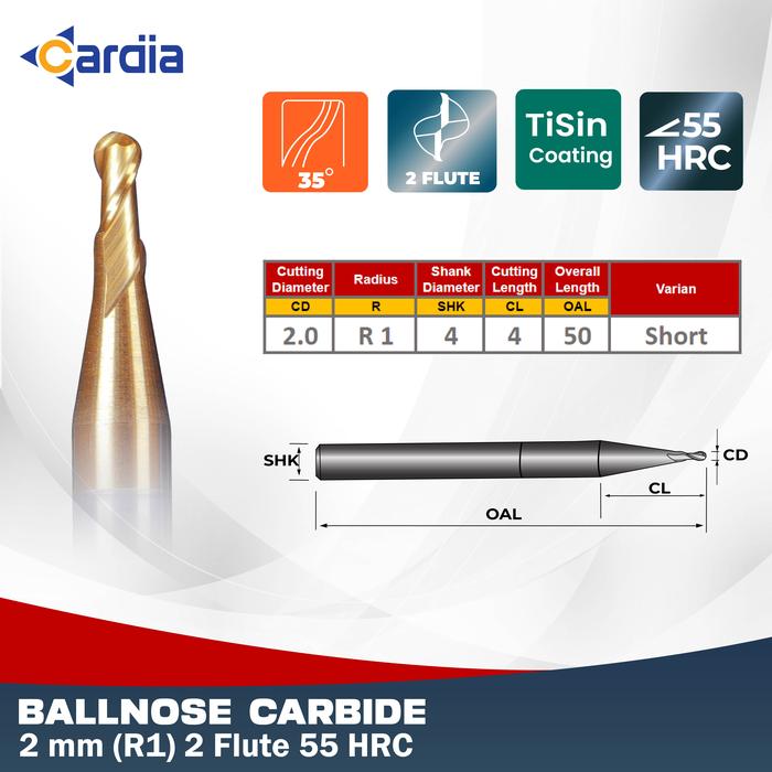 Gambar Ballnose 2 mm R1 x 50 - 2F Short 55 HRC ball nose mill Carbide CARDIA dari Cardia Tools Kab. Bekasi Tokopedia