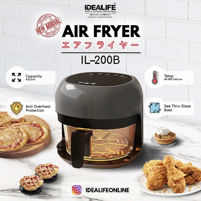 Air Fryer - Penggorengan tanpa Minyak 4L Idealife IL200B Stainless 0