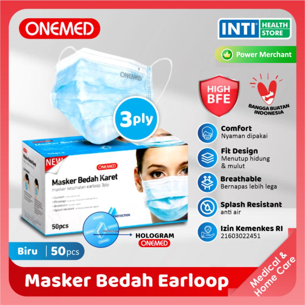 Onemed | Masker 3 Ply Earloop Biru | Masker Medis | Surgical Mask