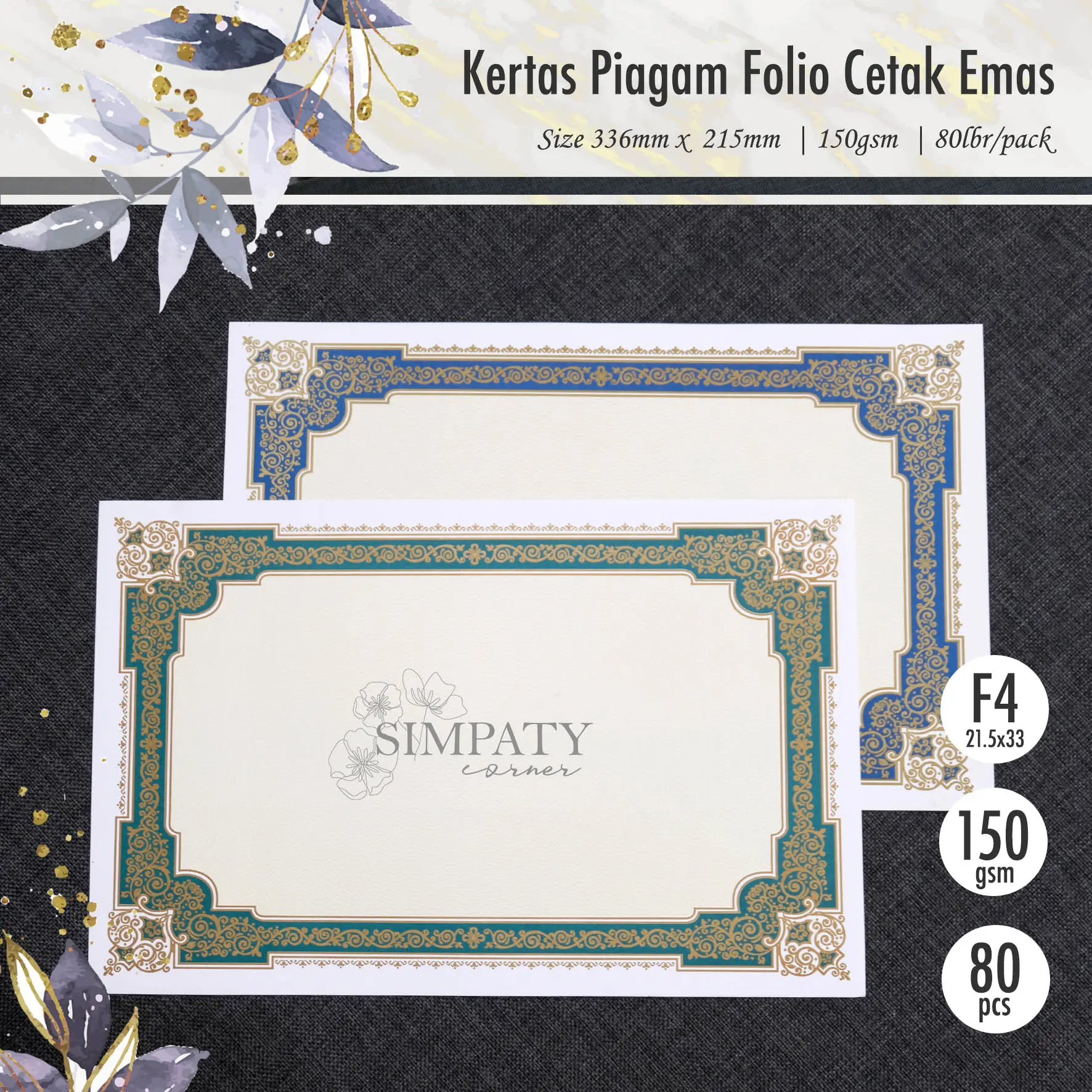 blanko kertas piagam sertifikat folio cetak emas Simpaty high quality
