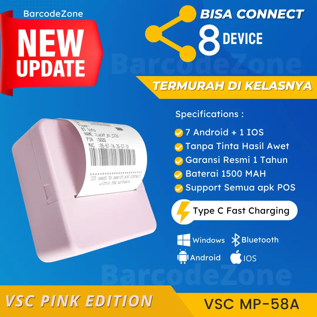 MINI THERMAL PRINTER BLUETOOTH VSC MP-58A RPP02N 58MM SUPPORT MOKAPOS Struk