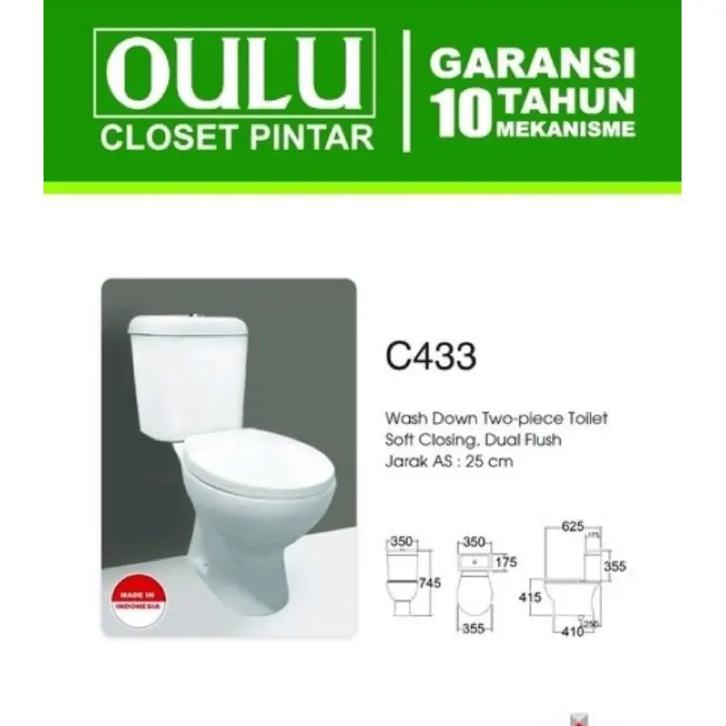 Oulu Closet / Kloset Toilet Duduk Kw1 C 433 C433 Wash Down Dual Flush