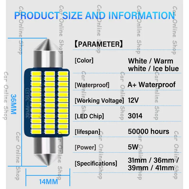 Lampu LED plafon mobil kabin interior 31mm 21 LED super terang CANBUS 3